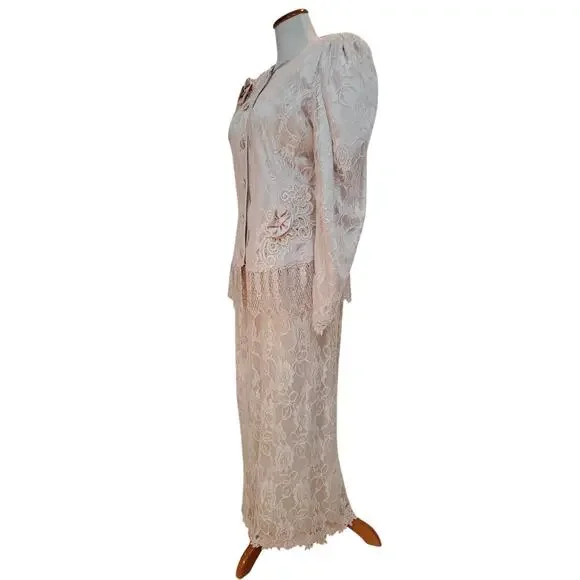 Vintage 1980s Designer Lorrie Kabala Pink Victorian Style Lace Overlay Dress  12